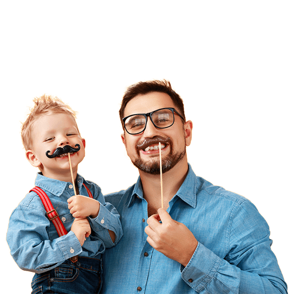 Father and son wearing false moustaches